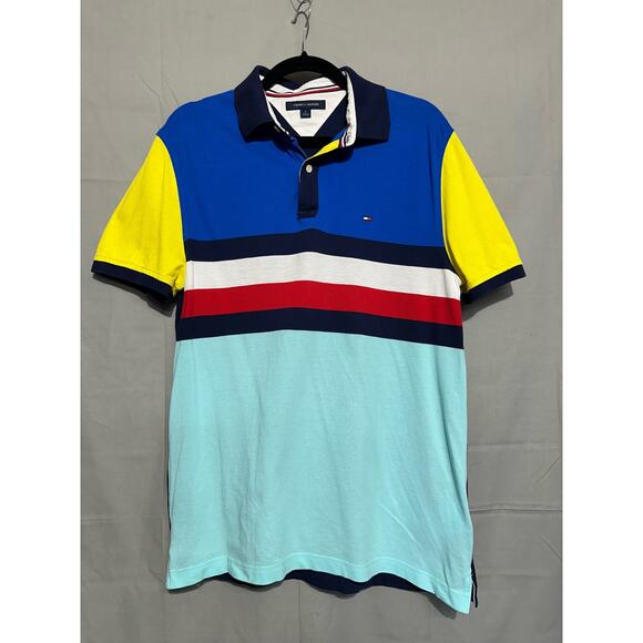 Tommy Hilfiger Polo Shirt Men Medium Striped Multicolor Flag Hip Hop Colorful - Picture 1 of 8